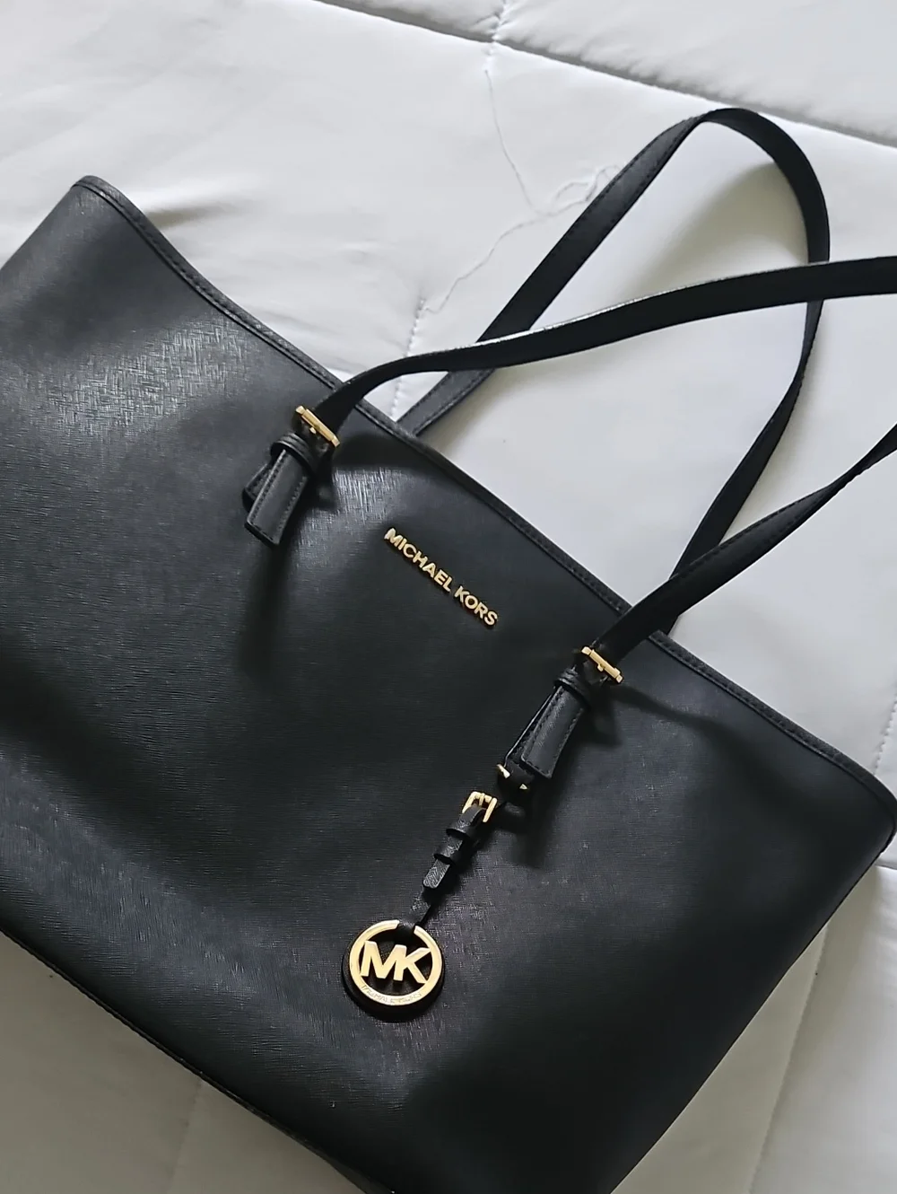 Michael Kors Black Leather Tote with Gold MK Charm